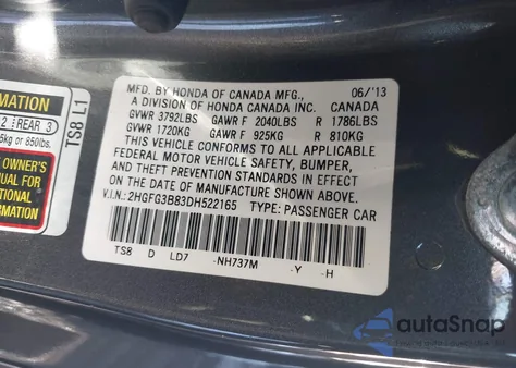 2013 Honda Civic Ex from USA, damaged, VIN 2HGFG3B83DH522165